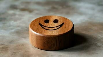 A wooden block label with happy smile relax face good feedback customer. World mental health day concept by AI Generated photo