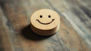 A wooden block label with happy smile relax face good feedback customer. World mental health day concept by AI Generated photo