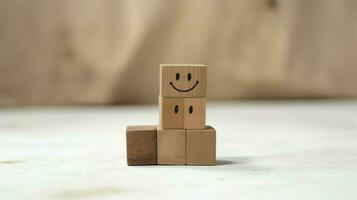 A wooden block label with happy smile relax face good feedback customer. World mental health day concept by AI Generated photo