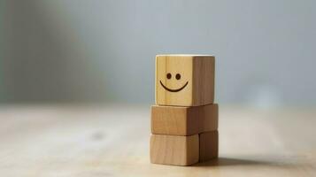 A wooden block label with happy smile relax face good feedback customer. World mental health day concept by AI Generated photo