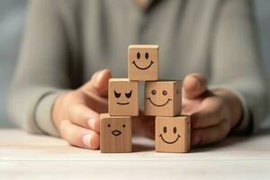 A wooden block label with happy smile relax face good feedback customer. World mental health day concept by AI Generated photo