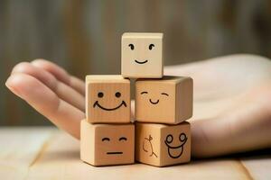 A wooden block label with happy smile relax face good feedback customer. World mental health day concept by AI Generated photo