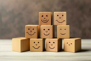 A wooden block label with happy smile relax face good feedback customer. World mental health day concept by AI Generated photo