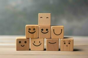 A wooden block label with happy smile relax face good feedback customer. World mental health day concept by AI Generated photo