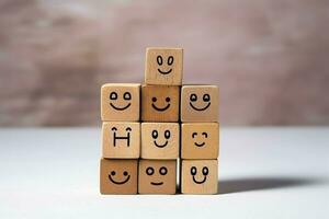 A wooden block label with happy smile relax face good feedback customer. World mental health day concept by AI Generated photo