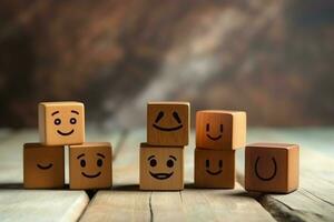 A wooden block label with happy smile relax face good feedback customer. World mental health day concept by AI Generated photo