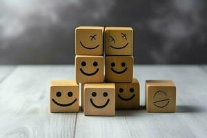 A wooden block label with happy smile relax face good feedback customer. World mental health day concept by AI Generated photo