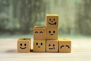 A wooden block label with happy smile relax face good feedback customer. World mental health day concept by AI Generated photo