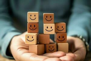 A wooden block label with happy smile relax face good feedback customer. World mental health day concept by AI Generated photo