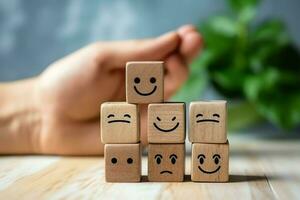 A wooden block label with happy smile relax face good feedback customer. World mental health day concept by AI Generated photo