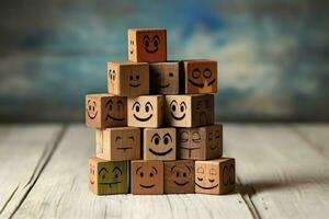 A wooden block label with happy smile relax face good feedback customer. World mental health day concept by AI Generated photo