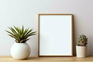 Frame mock up of blank picture standing on a shelf with succulent plant or cactus in scandinavian concept by AI Generated photo