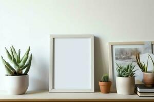 Frame mock up of blank picture standing on a shelf with succulent plant or cactus in scandinavian concept by AI Generated photo