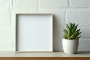 Frame mock up of blank picture standing on a shelf with succulent plant or cactus in scandinavian concept by AI Generated photo