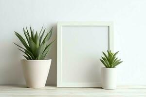 Frame mock up of blank picture standing on a shelf with succulent plant or cactus in scandinavian concept by AI Generated photo