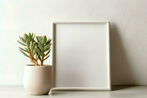 Frame mock up of blank picture standing on a shelf with succulent plant or cactus in scandinavian concept by AI Generated photo