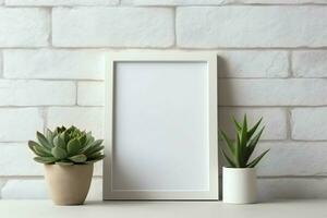 Frame mock up of blank picture standing on a shelf with succulent plant or cactus in scandinavian concept by AI Generated photo