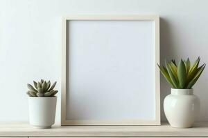 Frame mock up of blank picture standing on a shelf with succulent plant or cactus in scandinavian concept by AI Generated photo