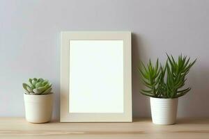 Frame mock up of blank picture standing on a shelf with succulent plant or cactus in scandinavian concept by AI Generated photo