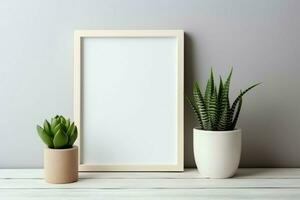Frame mock up of blank picture standing on a shelf with succulent plant or cactus in scandinavian concept by AI Generated photo