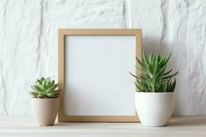 Frame mock up of blank picture standing on a shelf with succulent plant or cactus in scandinavian concept by AI Generated photo