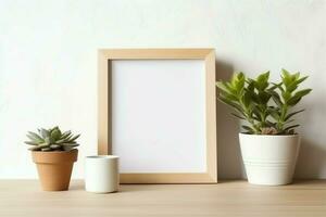 marco burlarse de arriba de blanco imagen en pie en un estante con suculento planta o cactus en escandinavo concepto por ai generado foto