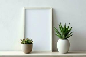 Frame mock up of blank picture standing on a shelf with succulent plant or cactus in scandinavian concept by AI Generated photo