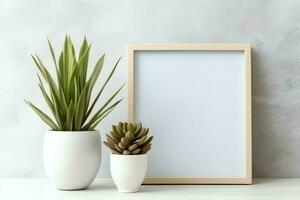 Frame mock up of blank picture standing on a shelf with succulent plant or cactus in scandinavian concept by AI Generated photo