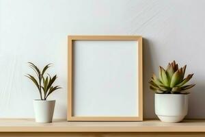 Frame mock up of blank picture standing on a shelf with succulent plant or cactus in scandinavian concept by AI Generated photo