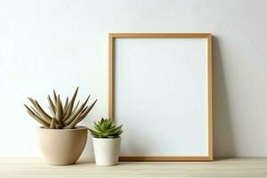 Frame mock up of blank picture standing on a shelf with succulent plant or cactus in scandinavian concept by AI Generated photo