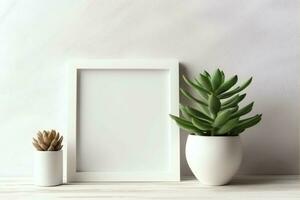 Frame mock up of blank picture standing on a shelf with succulent plant or cactus in scandinavian concept by AI Generated photo