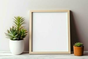 Frame mock up of blank picture standing on a shelf with succulent plant or cactus in scandinavian concept by AI Generated photo