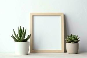 Frame mock up of blank picture standing on a shelf with succulent plant or cactus in scandinavian concept by AI Generated photo