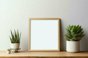 Frame mock up of blank picture standing on a shelf with succulent plant or cactus in scandinavian concept by AI Generated photo