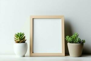 Frame mock up of blank picture standing on a shelf with succulent plant or cactus in scandinavian concept by AI Generated photo