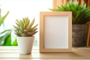 Frame mock up of blank picture standing on a shelf with succulent plant or cactus in scandinavian concept by AI Generated photo