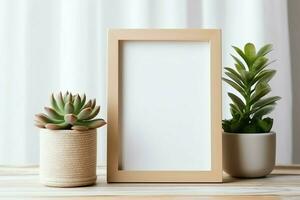 Frame mock up of blank picture standing on a shelf with succulent plant or cactus in scandinavian concept by AI Generated photo