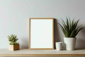 Frame mock up of blank picture standing on a shelf with succulent plant or cactus in scandinavian concept by AI Generated photo