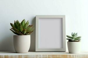 Frame mock up of blank picture standing on a shelf with succulent plant or cactus in scandinavian concept by AI Generated photo