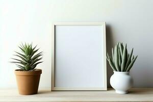 Frame mock up of blank picture standing on a shelf with succulent plant or cactus in scandinavian concept by AI Generated photo