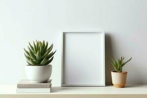 Frame mock up of blank picture standing on a shelf with succulent plant or cactus in scandinavian concept by AI Generated photo