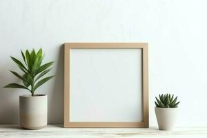 Frame mock up of blank picture standing on a shelf with succulent plant or cactus in scandinavian concept by AI Generated photo