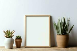 Frame mock up of blank picture standing on a shelf with succulent plant or cactus in scandinavian concept by AI Generated photo