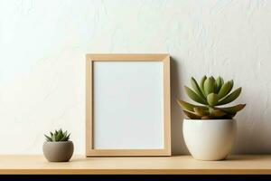 Frame mock up of blank picture standing on a shelf with succulent plant or cactus in scandinavian concept by AI Generated photo