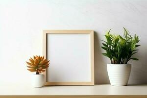 Frame mock up of blank picture standing on a shelf with succulent plant or cactus in scandinavian concept by AI Generated photo