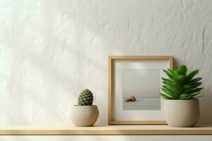 marco burlarse de arriba de blanco imagen en pie en un estante con suculento planta o cactus en escandinavo concepto por ai generado foto