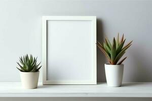 Frame mock up of blank picture standing on a shelf with succulent plant or cactus in scandinavian concept by AI Generated photo