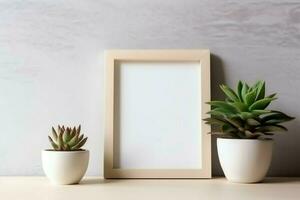 Frame mock up of blank picture standing on a shelf with succulent plant or cactus in scandinavian concept by AI Generated photo