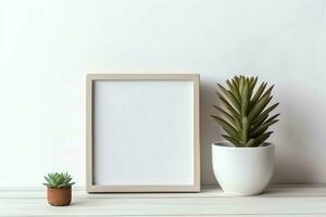 Frame mock up of blank picture standing on a shelf with succulent plant or cactus in scandinavian concept by AI Generated photo