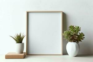 Frame mock up of blank picture standing on a shelf with succulent plant or cactus in scandinavian concept by AI Generated photo